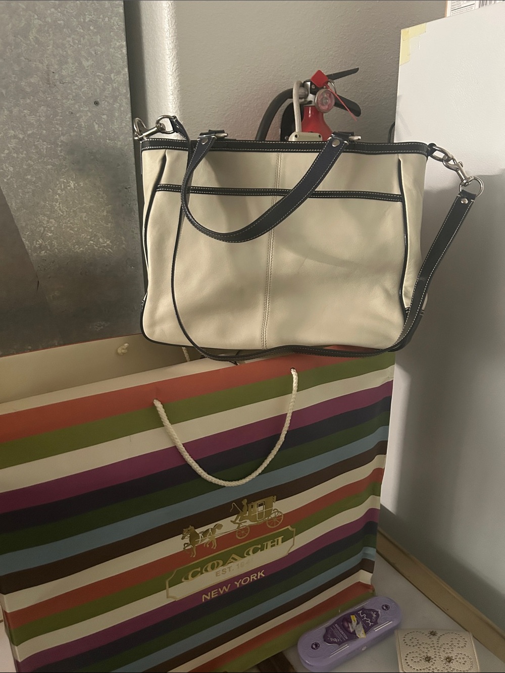 Coach Cream Shoulder Bag with Black Trim